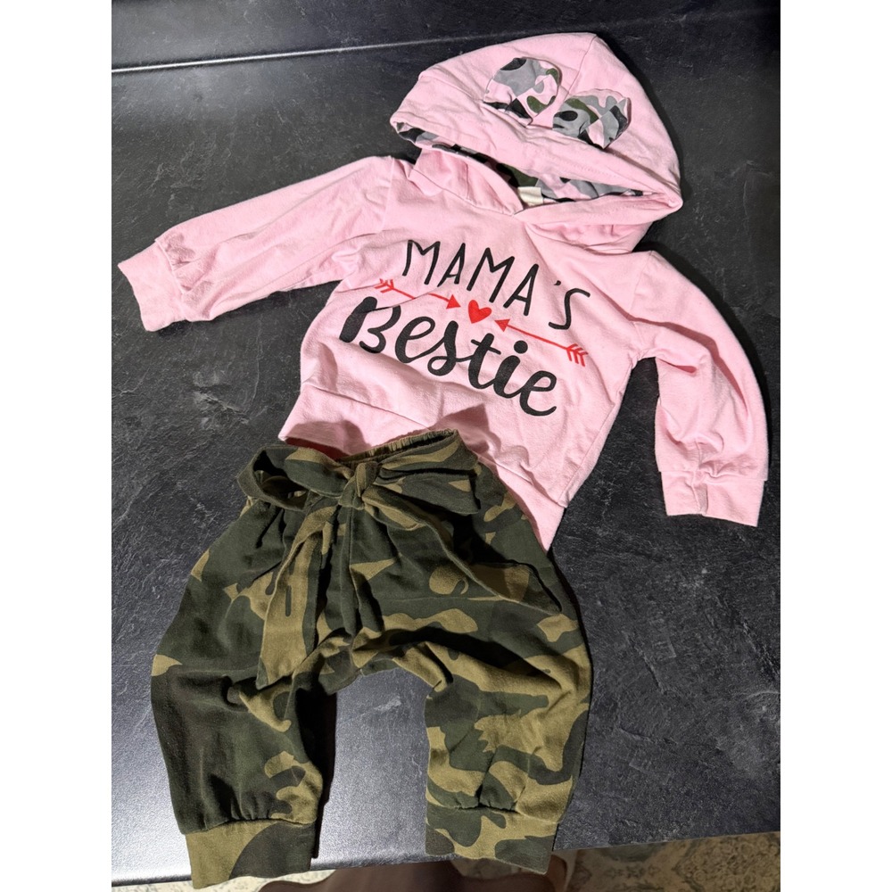 Baby Girls 3pc Camo Bundle Outfit Set 6-9M Mama's Bestie Hoodie Bodysuit Cute - Picture 2 of 13